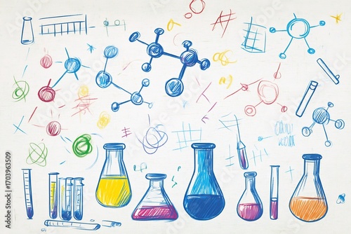 Chemistry doodles classroom whiteboard hand drawn molecules colorful sketch style for educational content back to school theme