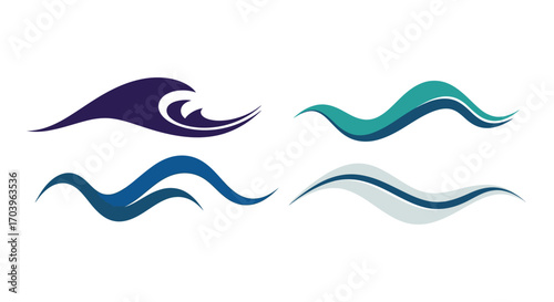 Set of four abstract wave designs flowing dynamic shapes aquatic water elements vector