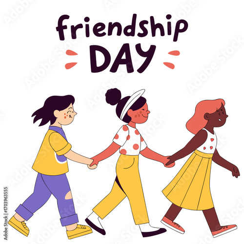 Three diverse young girls holding hands and walking together celebrating friendship day with a cheerful and bright illustration
