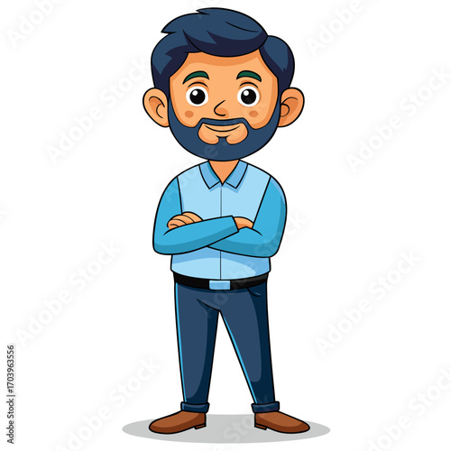 Cartoon Man with Beard and Crossed Arms, Standing Confidently