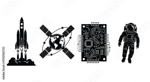 Space exploration technology rocket satellite astronaut and circuit board icons representing innovation vector