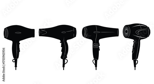 Four black hair dryers lined up isolated studio shot beauty appliance vector