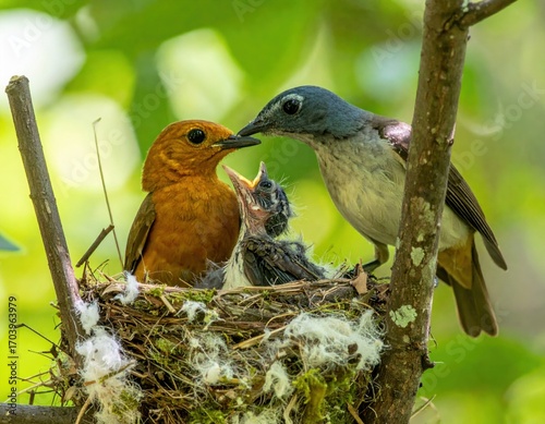 Two adult birds feeding a fledgling in a nest