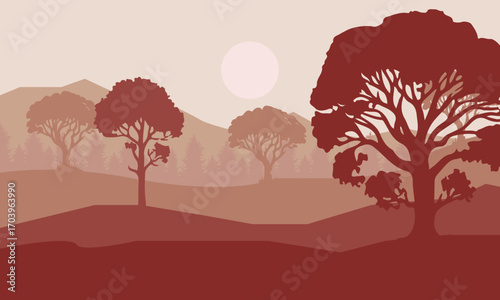 Natural Landscape, illustration of Trees and mountains in the morning