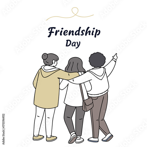Three diverse friends embracing and pointing together celebrating friendship day with a simple hand drawn illustration style