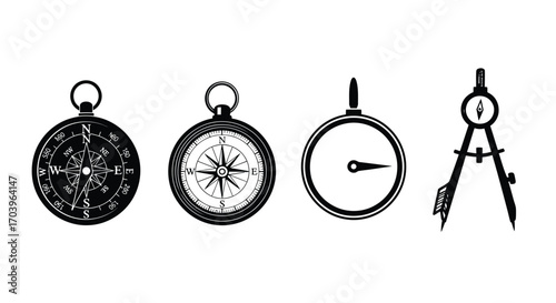 Vintage navigation tools compass and divider set historical exploration tools hand drawn style vector