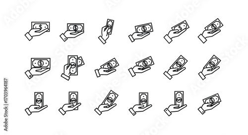 Collection of hand gestures holding money bills in various poses isolated on vector