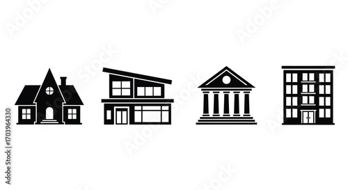 Collection of diverse architectural building icons representing homes offices and institutions vector