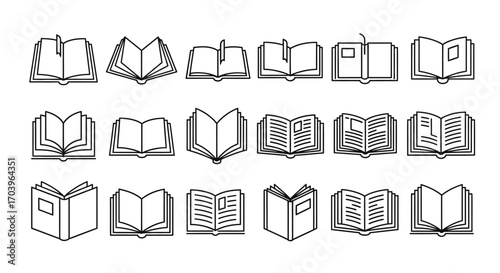 Collection of hand drawn open books varying in style perspective and detail for educational concepts vector