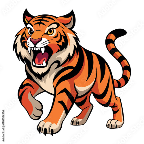 Fierce Cartoon Tiger Roaring with Open Mouth and Sharp Teeth