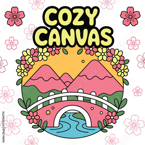 Floral Mountain Landscape Illustration with Bridge and River, Pink Mountain Landscape, Floral Bridge Art, River Valley Scene, Cozy Nature Illustration, Scenic Garden Design