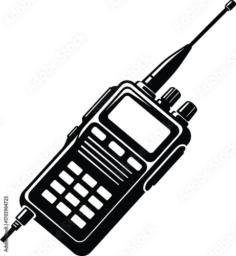 Vector illustration of vintage walkie-talkie communication device with antenna, buttons, screen, black silhouette, portable radio, wireless technology, communication tool