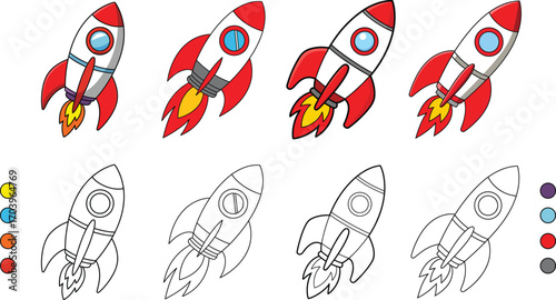 Cartoon Rocket Ship Coloring Page Set – Space Shuttle Vector Illustration with Colored and Outline Versions