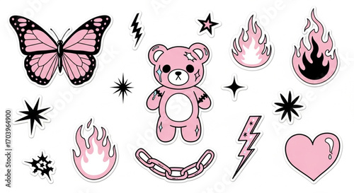 Y2K Glamour Pink Stickers – Butterfly, Kawaii Bear, Chains, Hearts & 2000s Aesthetic Icons