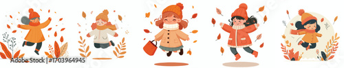 vector of little girl jumping happily in autumn
