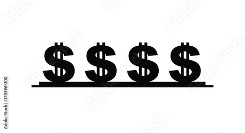 Four black dollar signs arranged horizontally on a subtle support line vector