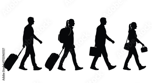 Diverse group of people silhouettes walking with luggage and briefcases traveling together vector