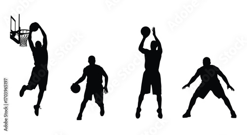 Dynamic basketball player silhouettes capturing game action and athleticism in motion vector