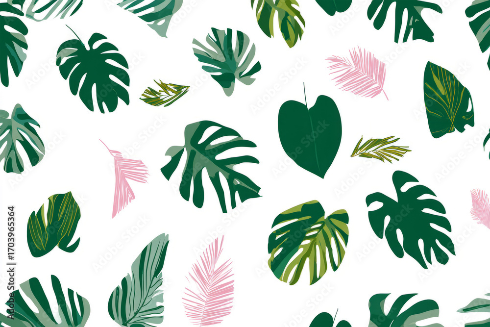 Fototapeta premium Seamless botanical backgrounds with various tropical green leaves in different styles, perfect for summer designs, prints, or wallpapers.