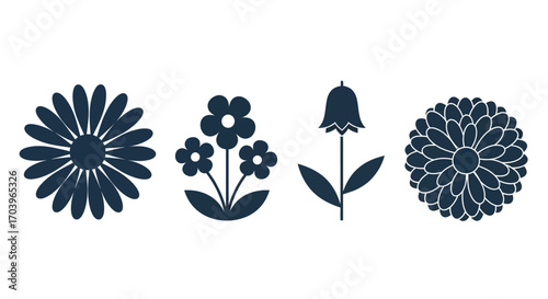 Four stylized dark blue floral elements isolated on for design vector