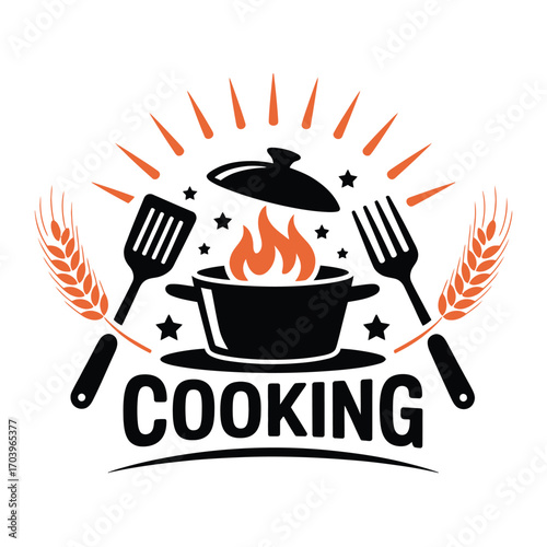 Culinary concept with a cooking pot fire spatulas and wheat stalks