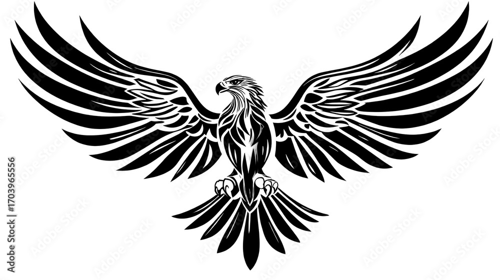 Fototapeta premium Majestic eagle illustration with spread wings, detailed feathers, symmetrical tribal style, bold pose