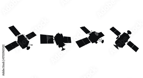 Four silhouette spacecraft satellites in orbit illustrating different orbital positions and configurations vector