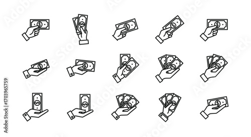 Collection of hand gestures holding paper money bills for financial transactions and payments vector