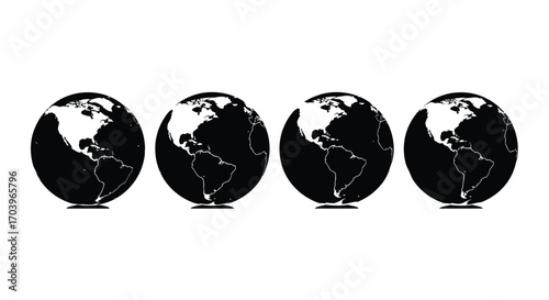 Four global earth globes arranged horizontally representing worldwide connectivity and communication vector