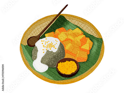Thai Mango Sticky Rice Illustration – Traditional Asian Dessert with Coconut Cream