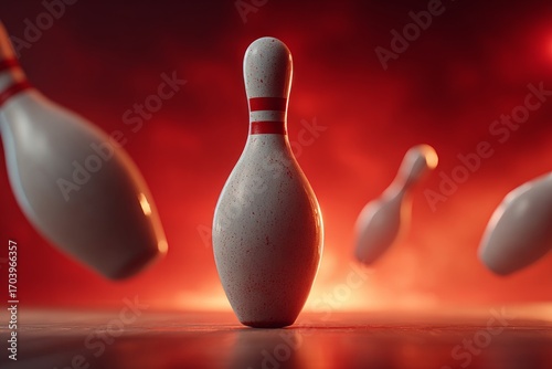 White bowling pins falling around a standing pin on a wooden alley with red smoke, creating a dramatic bowling scene