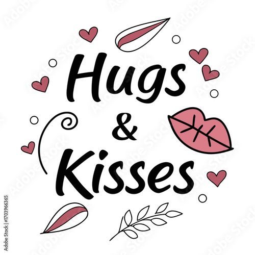 Vector art of hugs and kisses lettering with lips and hearts, a charming design conveying love and affection, perfect for valentines day and romantic occasions
