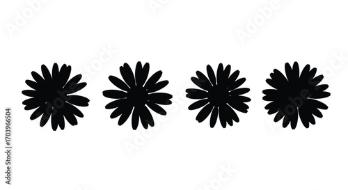 Four textured black flower silhouettes with jagged petals arranged horizontally vector