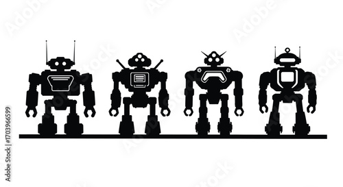 Four stylized robot figures standing in a line featuring retro sci-fi designs vector