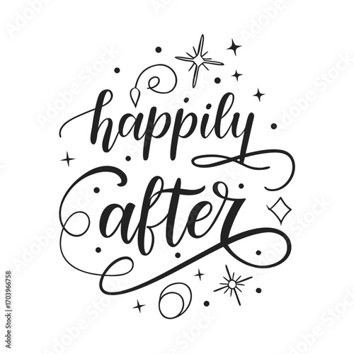 Vector art of whimsical happily ever after lettering, ideal for fairytalethemed events, storybooks, and childrens decorations, evoking a sense of magic and joyful beginnings