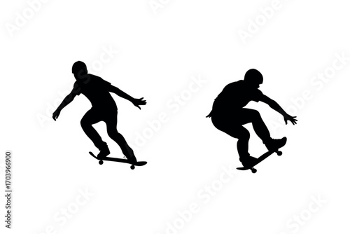 two skateboarders performing tricks in dynamic poses silhouette