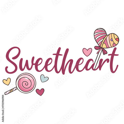 Vector art of a charming illustration showcasing the word sweetheart adorned with delightful heartshaped lollipops and cute hearts, , perfect for conveying affection and sweetness