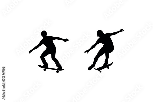 two skateboarders performing tricks in dynamic poses silhouette