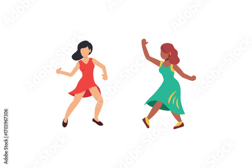 two women dancing joyfully in colorful dresses silhouette