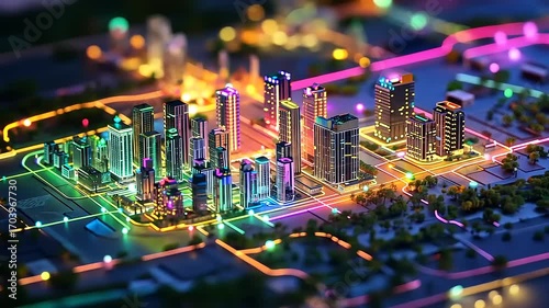 A vibrant cityscape at night, showcasing illuminated skyscrapers and colorful streetlights, bustling with energy