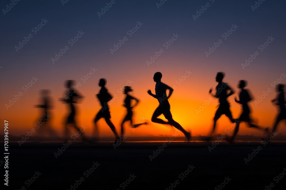 Fototapeta premium Group of athletes running on the beach at sunset, with motion blur effect