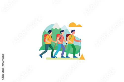 hikers exploring mountainous terrain with backpacks silhouette