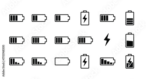 Collection of battery charge level icons showing different power statuses and energy symbols vector