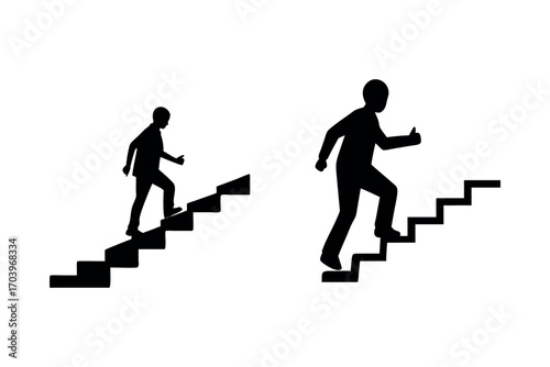 two figures ascending stairs in dynamic poses silhouette