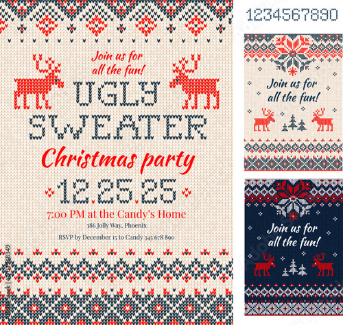 Ugly Sweater Christmas Party cards. Knitted pattern. Scandinavian style deers