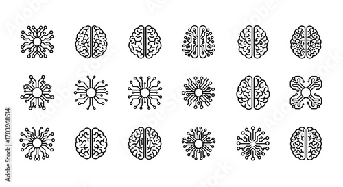 Collection of stylized brain icons representing thought technology and artificial intelligence innovation vector