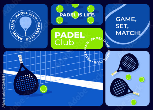 Padel club banner promoting paddle tennis with rackets and balls