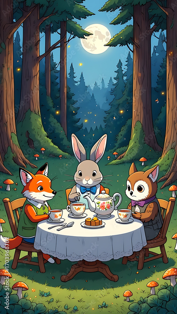 Naklejka premium Under the soft glow of a full moon, a delightful tea party unfolds in the forest, with a rabbit, fox, and deer enjoying treats around a table, surrounded by mushrooms and towering trees, creating a ma