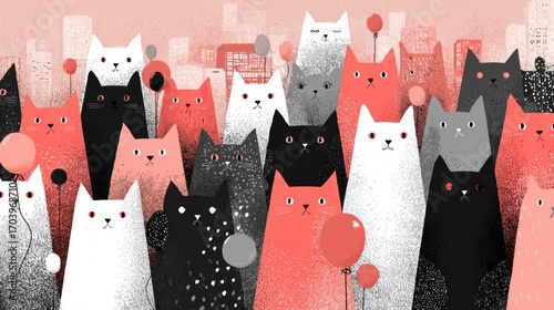 Whimsical cat characters in monochrome and pink celebrate with balloons at a city-themed minimalist party, suitable for urban events or playful marketing