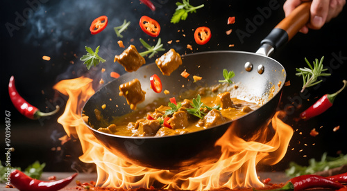 Flying Curry in Flaming Wok